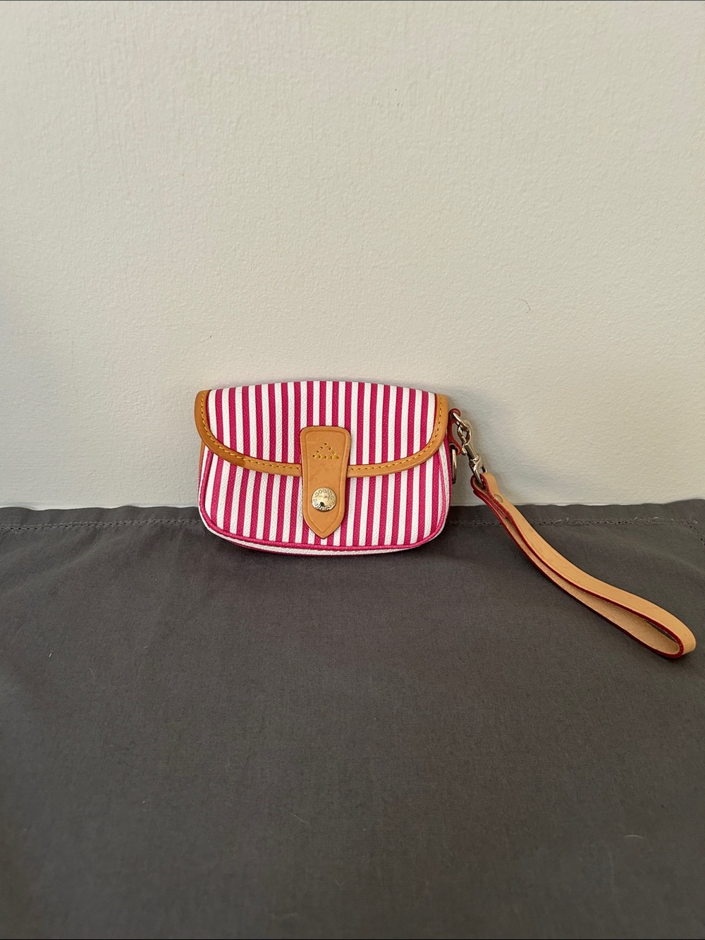 Dooney Bourne Pink Striped Wristlet Clutch with Tan Trim